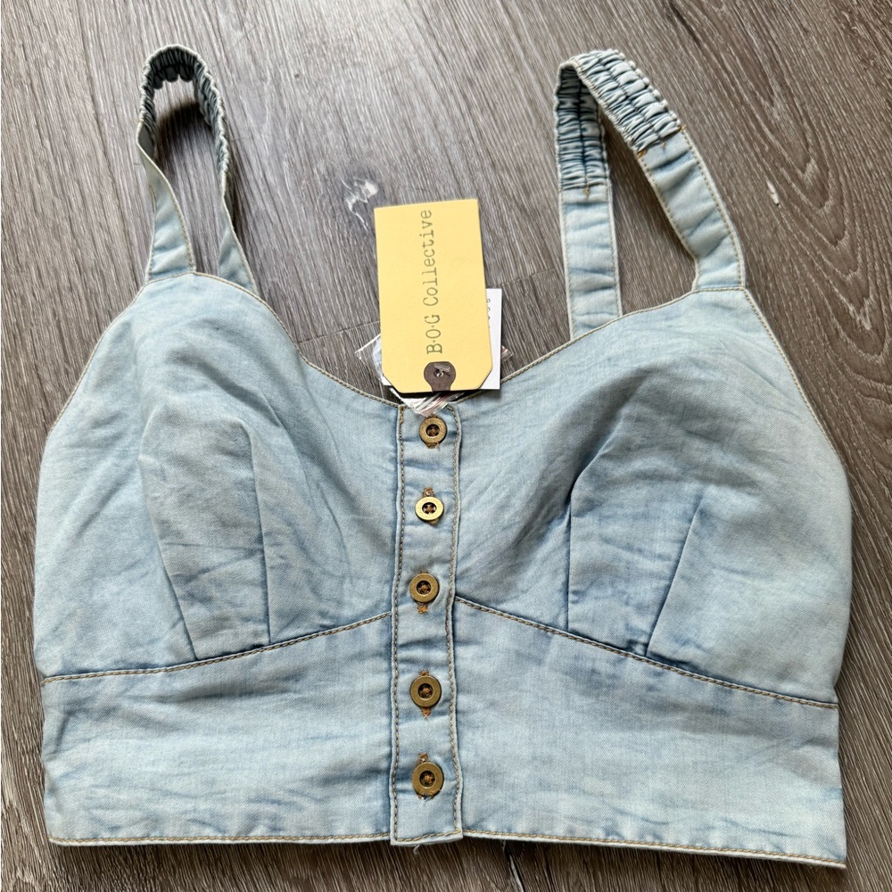 B.O.G Collective Denim Crop Top XS Button Front Smocked Back Blue Bustier Tank